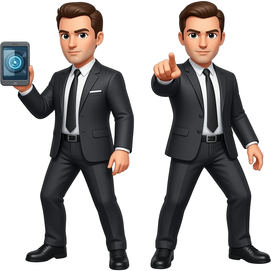 Two men dressed as agents: one is holding a screen, and the other points at the camera in an action pose—full body. emoji