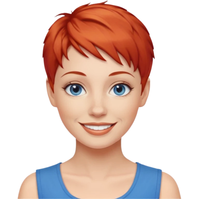 27 year old white woman, red hair, pixie cut, blue eyes emoji