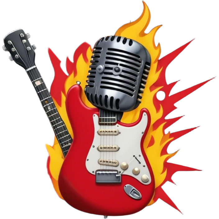 Create a bold and dynamic emoji representing rock vocal performance in a humanless collage. The design should feature a vintage microphone at the center, surrounded by key rock elements like an electric guitar, drumsticks, and a guitar pick. Include symbols of energy, such as lightning bolts or flames, and subtle musical notes or sound waves to evoke the raw power of rock vocals. Use dark, bold colors like black, silver, and red, with hints of chrome or metallic accents to convey the edgy, rebellious spirit of rock music. The background should be transparent. emoji