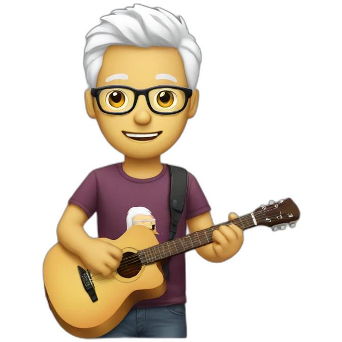 guy with glasses white hair playing guitar with programming shirt emoji