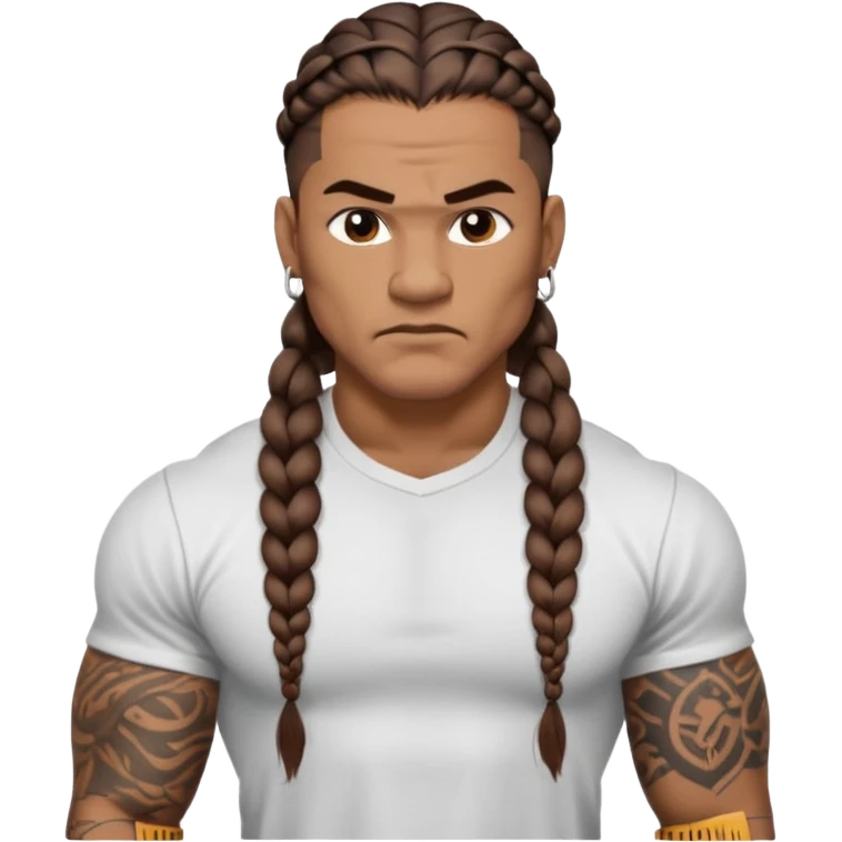 Samoan males with white t-shirt. long braided hair, very muscular, tattoos. street culture clothing. Tough and menacing. emoji