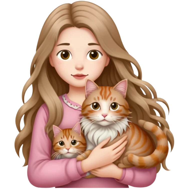 A long haired girl holding a long haired tabby in peony emoji