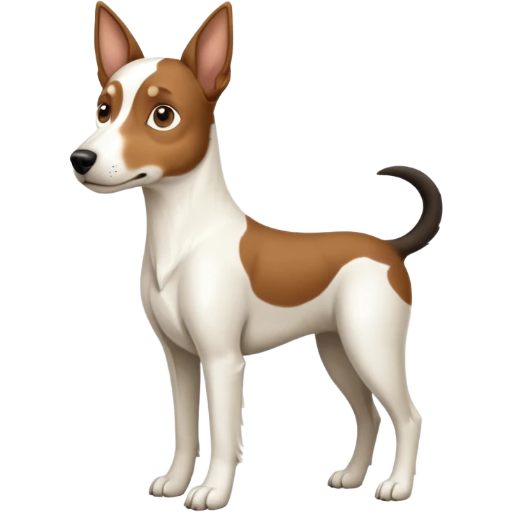 a full body large white floppy eared parson russell looking dog the size of a kelpie with light brown ears and a light brown patch on one eye and a large snout emoji