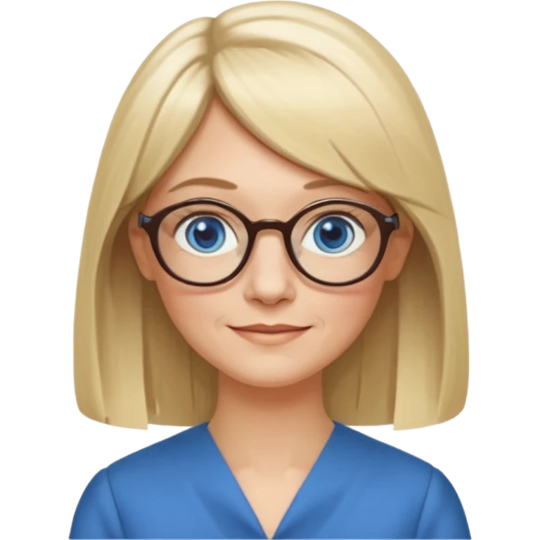 50 yr old white woman, hippie parted very long hair, short bangs, very long straight blond hair, oval face, small smile, blue eyes, thin face, hair downback, hair parted at center of head, round cheeks, pale, longer hair, business dress, long hair, big square glasses emoji