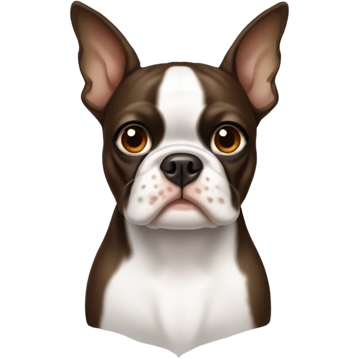 Brown and white Boston terrier with one ear pointing up and one ear pointing down emoji