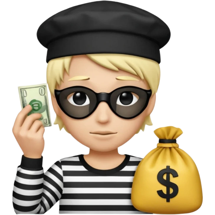 Realistic ios emoji-style portrait of a classic burglar, a black eye mask and a black-and-white striped shirt. emoji-like hair, black hat, a bag of money 💰 with a dollar sign in a right corner, mean expression  emoji