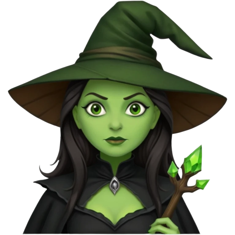 The Wicked Witch from The Land of Oz with green skin, long dark brown hair, black outfit emoji