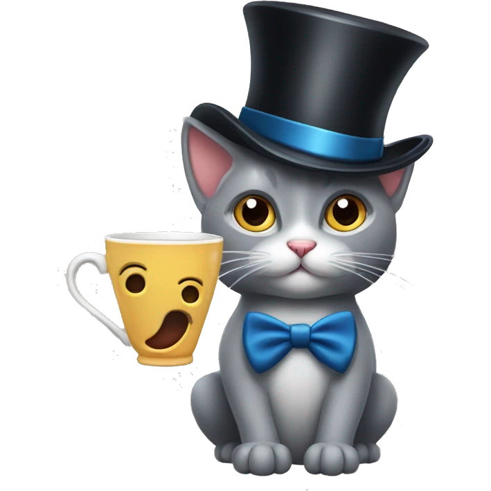 A surprised grey cat with a mustache and a top hat, a cup tea with big surprised eyes, an Englishman  emoji