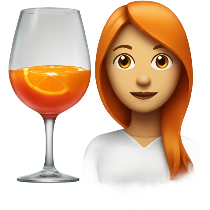 A glass with a red/orange liquid and an orange slice and too women behind it with a slightly buzzy face emoji