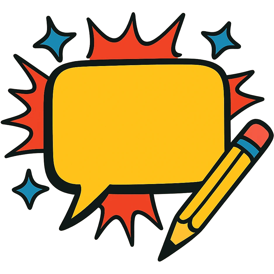 comic style speech bubble with a pen or pencil, representing a post caption as if it were a comment emoji