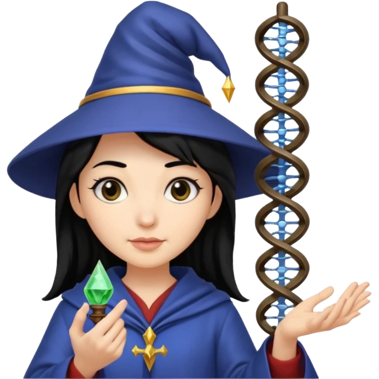Female wizard with black hair holding a double helix DNA in her hand emoji