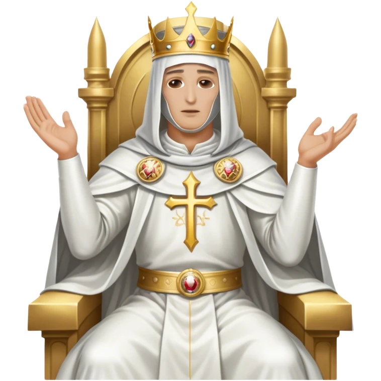 King Baldwin IV from Kingdom of Heaven, sitting on a throne in a holy white costume. He wears a silver mask covering his face, his head slightly bowed, and his right hand raised in a blessing gesture. emoji