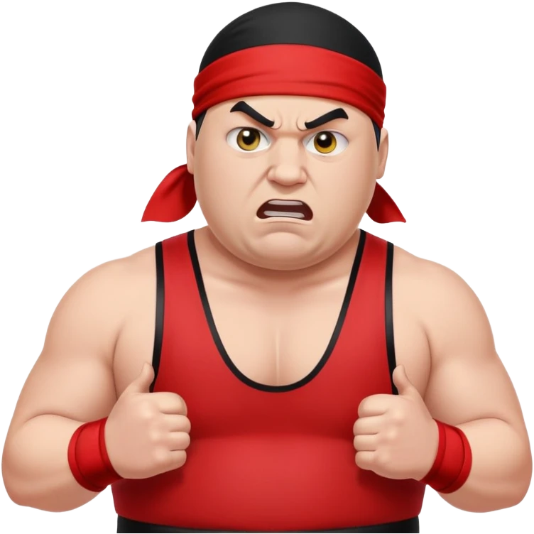 Close-up of white skin fat guy no muscle with prominent black durag, completely shaved face, no beard or mustache, black eyes in a red and black wrestling singlet with angry face emoji