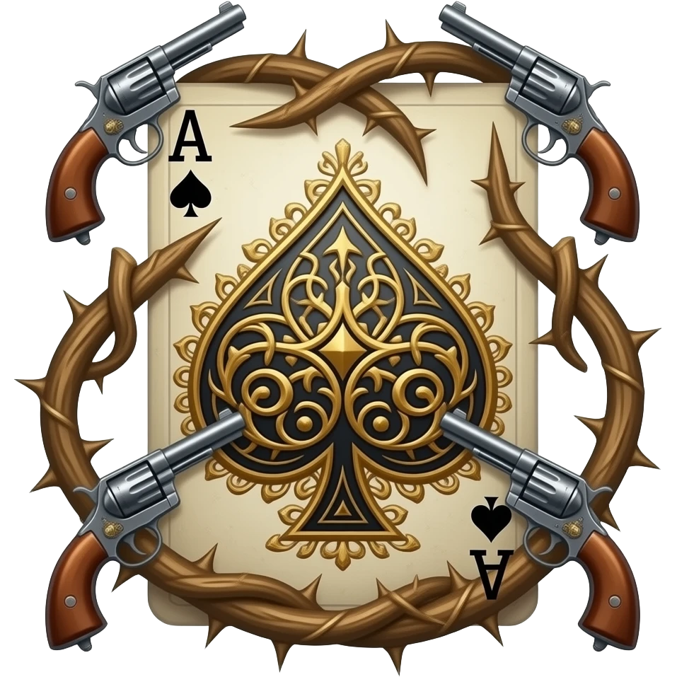 richly ornamented ace of spades surrounded by tendrils of thorns and antique guns emoji