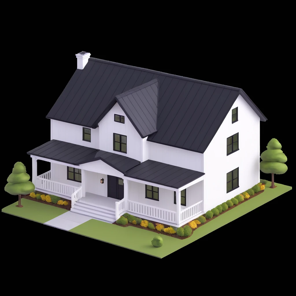 modern farmhouse with white siding, black roof and black trim, isometric exterior view emoji