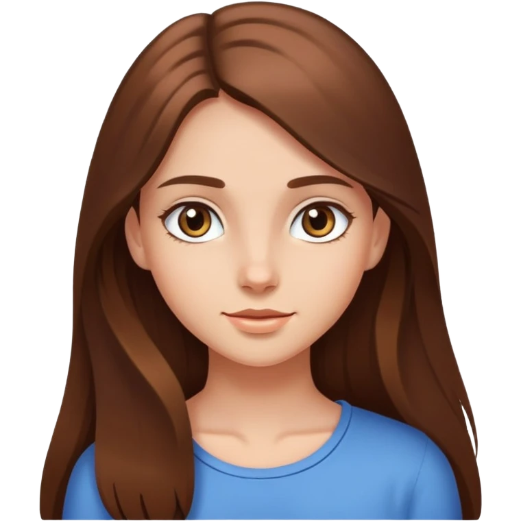 In the photo, the girl has long brown hair that falls around her shoulders. Her skin looks smooth, and she has a friendly. Her eyes are likely bright and engaging, emoji