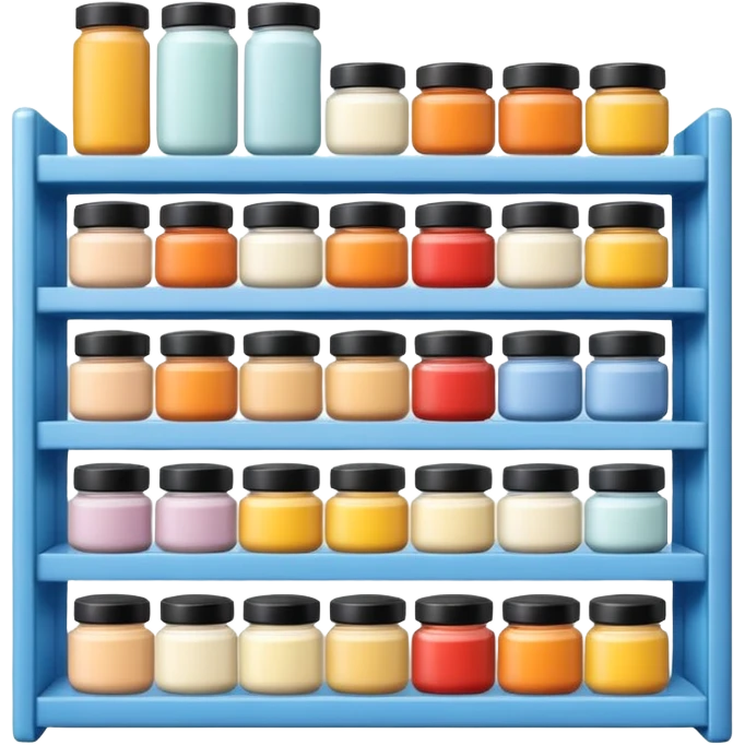 Japanese brand creams displayed on a storage shelf, arranged with horizontal variation and vertical consistency, with identical items placed directly behind one another. emoji