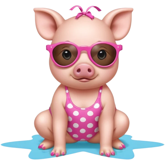 cute pig wearing  star-shaped sunglasses and polka dot bathing suit on all fours with nail polish emoji