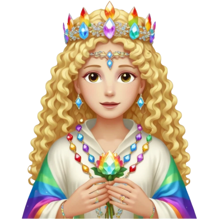 a being made of light pleidian nordic long faces and curly blond hair but beautiful features of light wearing jewels and a rainbow halo like a saint arount herwith a robe on made of light and diamonds semi transparent belly dancer and who is lanky holding a bouquet of crystal flowers on rainbow fire emoji