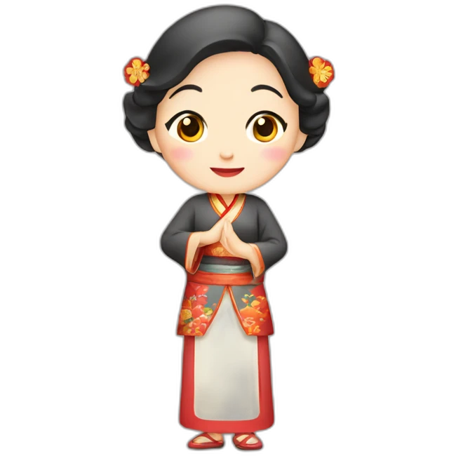 Chinese middle aged lady wear Chinese traditional dresses with a sign of agreeable gesture emoji