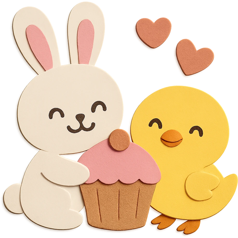 Make both the bunny and chick have happy, smiling faces, keep the paper-craft style and color palette emoji