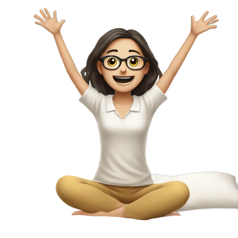 Happy pale girl wearing glasses wakes up in bed and stretches hands up in the air  emoji