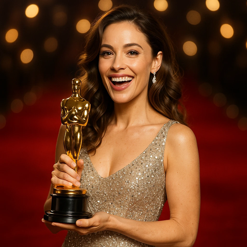 a Hollywood film star holding an Oscar trophy, sparkling dress, joyful expression emoji