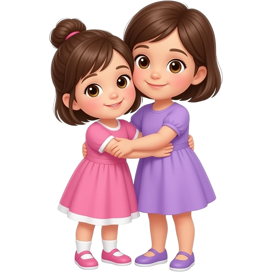 Niña de 1 año y 8 meses, de cuerpo completo, ojos cafés claros con cabello castaño, vestido rosa con blanco y cabello corto recogido en un chongo. Otra niña de 5 años con vestido lila, cabello castaño y ojos café claro, de cuerpo completo, ambas abrazadas. emoji