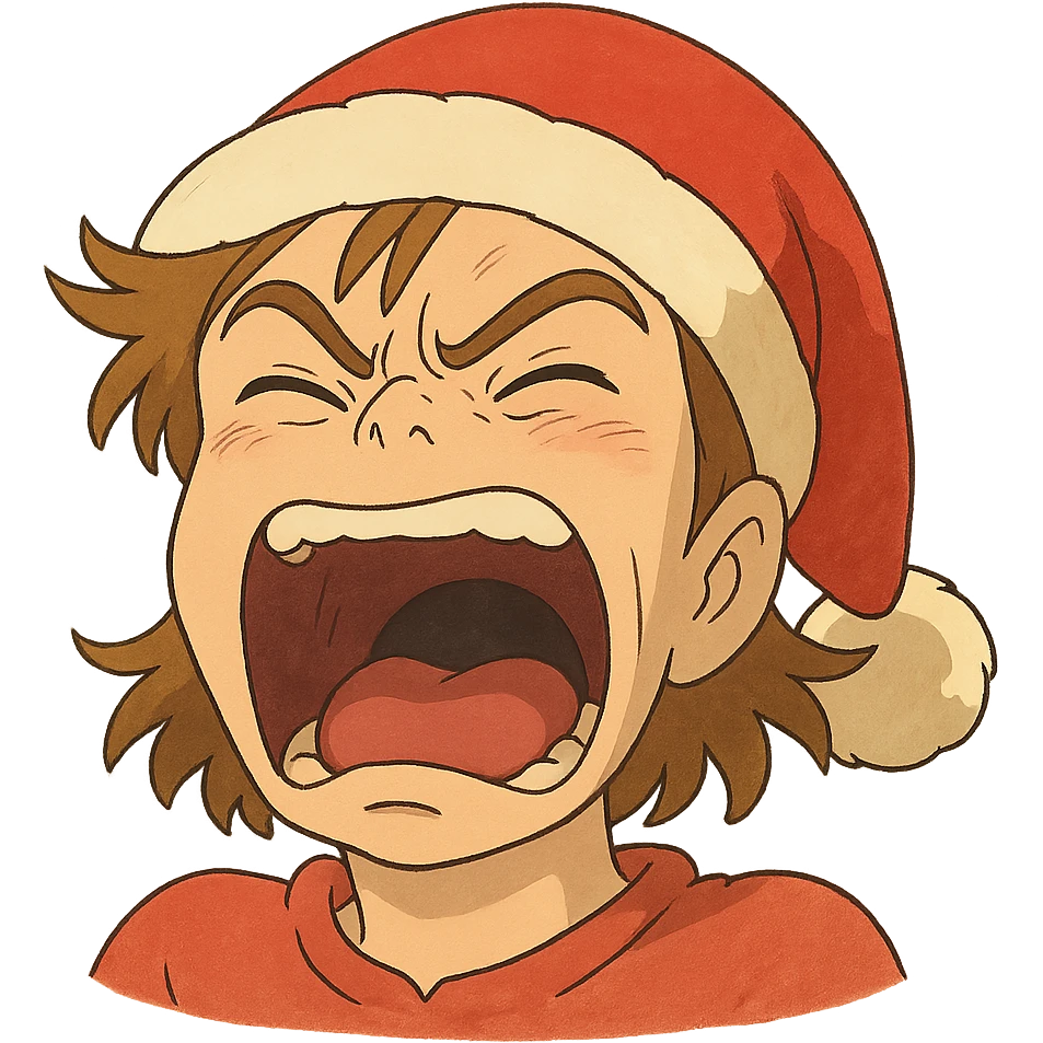 ghibli style expressive screaming face wearing a Santa hat emoji