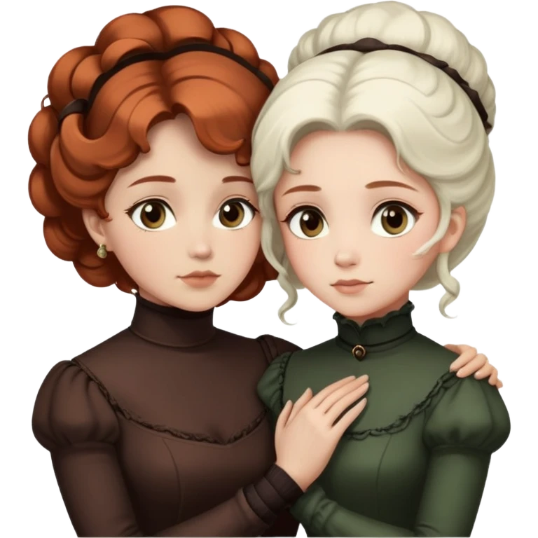 Two Victorian women with light eyes, one with white coiffed hair and one with dark copper coiffed hair, wearing Victorian turtleneck dresses with their arms tightly around each other emoji