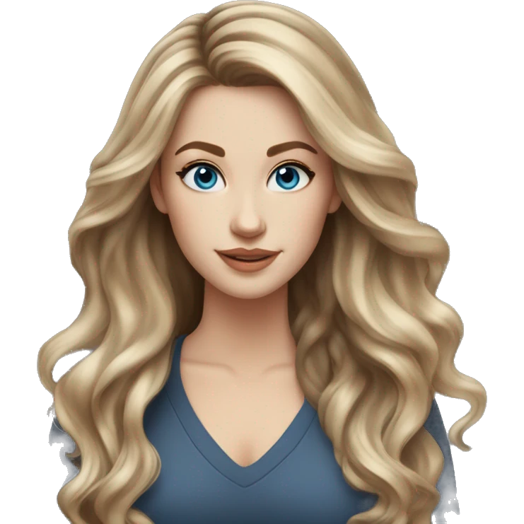 White girl blue eyes with long voluminous brown hair with blonde highlights balayage  emoji