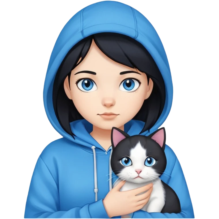 black hair girl wear hoodie with white blue eye cat emoji