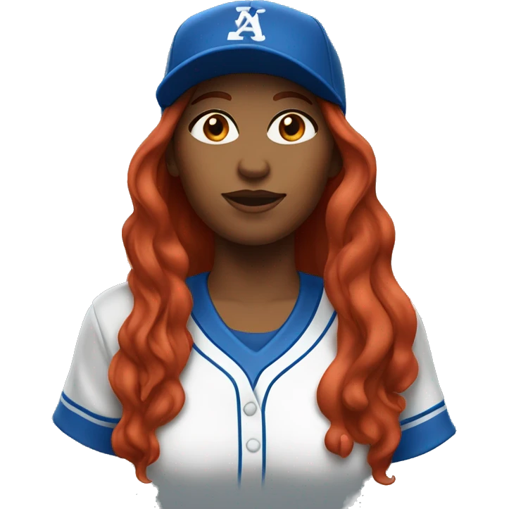 front facing standing up female coach with long red hair, wearing a white t-shirt and a simple baseball blue hat emoji