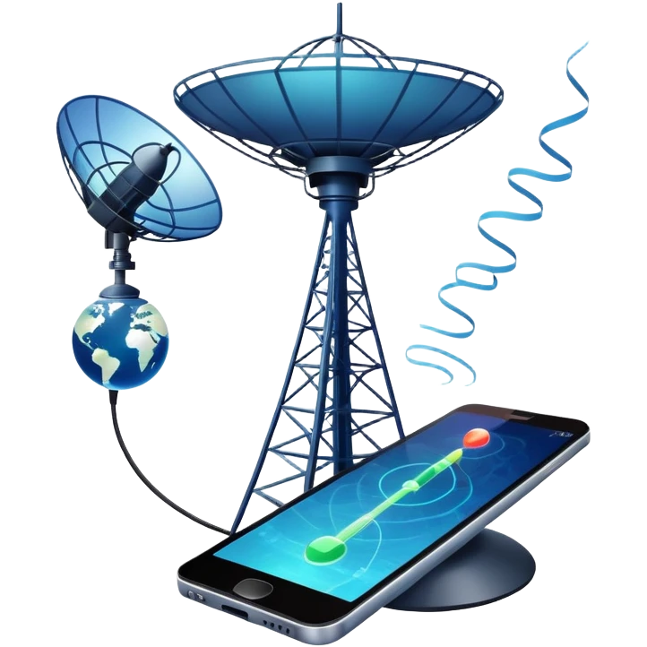 An icon featuring a satellite dish, a cell tower emitting signals, and a smartphone displaying a chat interface. The design includes fiber-optic cables and data waves, symbolizing global communication, connectivity, and information exchange. Transparent background. emoji