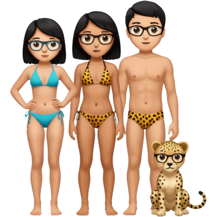 black haired girl with big boobs wearing a cheetah print bikini standing with a boy with black hair wearing glasses and shirt less girl with no glasses emoji