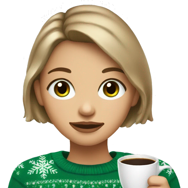 Light brown short haired girl with green eyes drinking coffee wearing blue Christmas sweater emoji