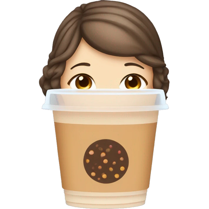 White girl with brown hair and brown eyes drinking bubble tea emoji