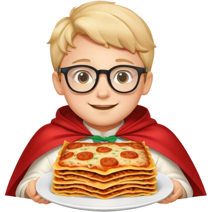 smiling boy in glasses with lasagna and cape emoji