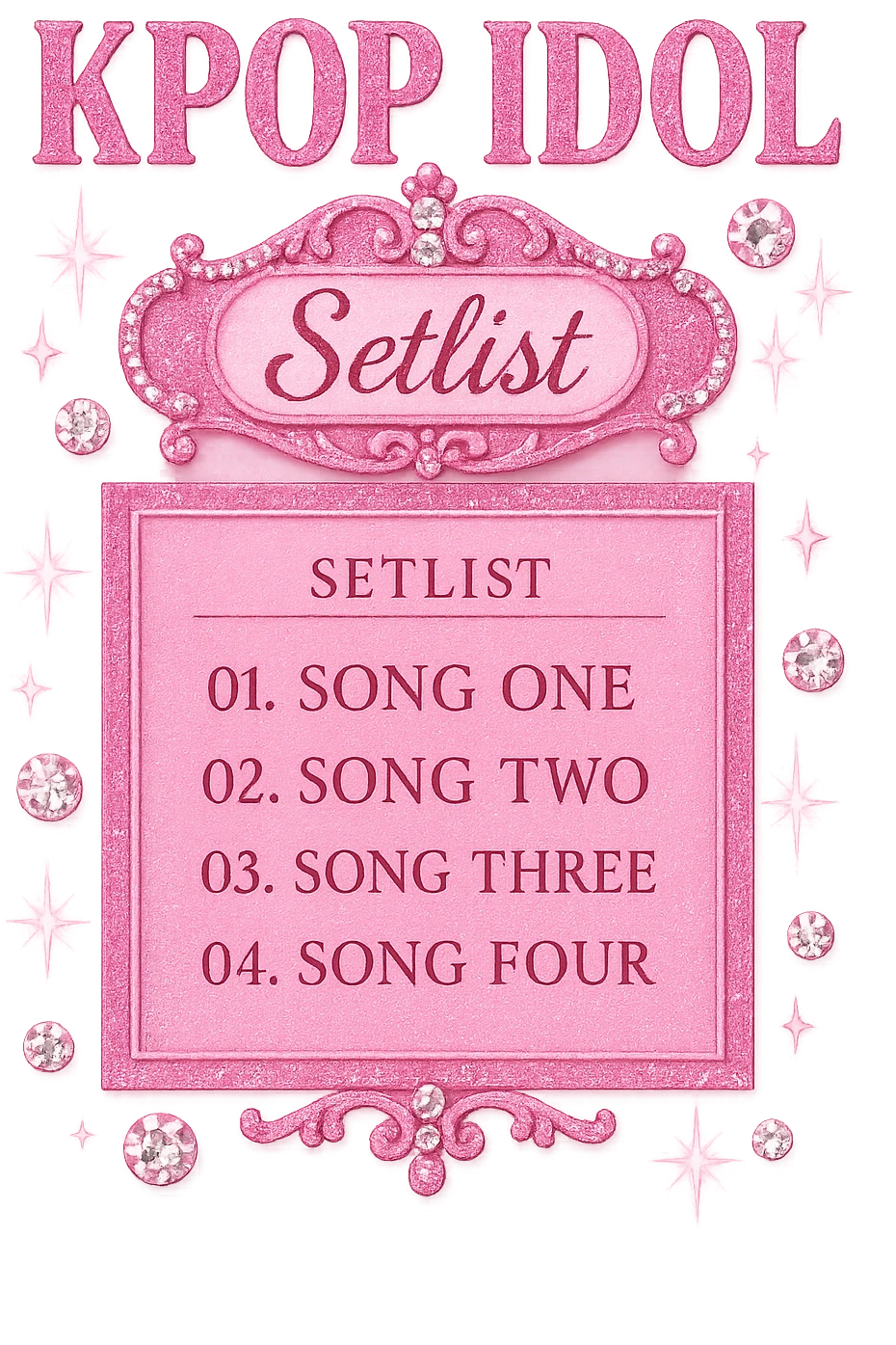 pink kpop idol stage setlist, sparkly and fashionable emoji