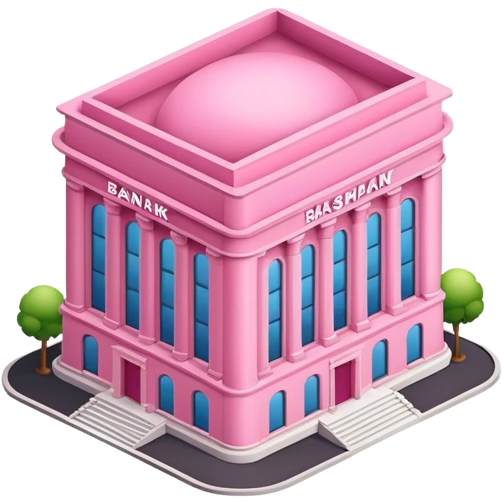isometric style large pink building or bank with tall rectangular windows and round groundplan, emoji style emoji