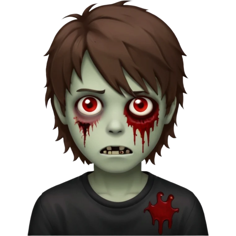 Boy, zombie, brown hair, medium long and wavy, emo, shaggy, dark, spooky, creepy expression emoji