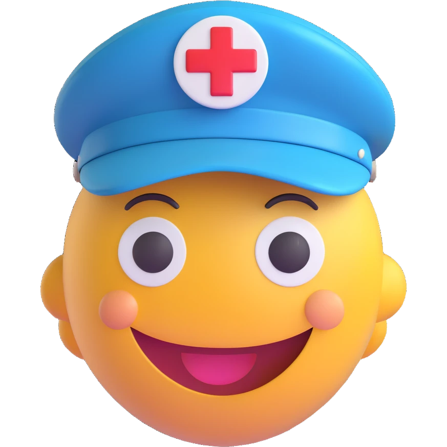 3D smiley emoji, round shape, paramedic hat, smiling face emoji