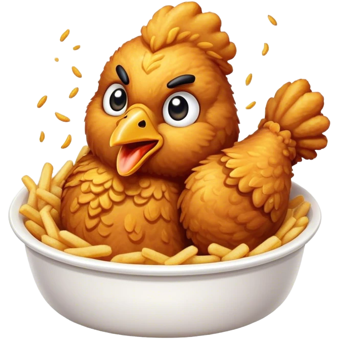 Cinematic crispy fried chicken, golden and crunchy, juicy inside, steaming as it is freshly served, sprinkled with seasoning, rich golden tones, inviting and delicious. emoji