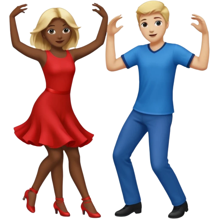 Two people dancing, one wearing red with blond hair and one wearing blue with brown hair and dark skin emoji