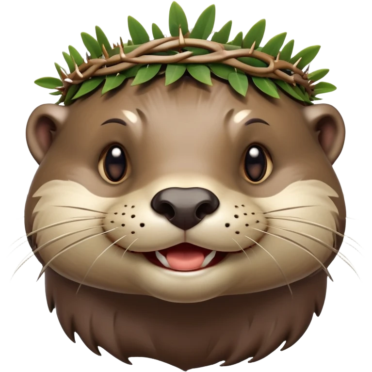 anthropomorphic smiling otter face in three-quarter profile view with simple thorny stem wrapped horizontally around its forehead like Jesus Christ's Crown of thorns, more human-like features, expressive eyes, human-like expressions, Apple emoji style, glossy finish emoji