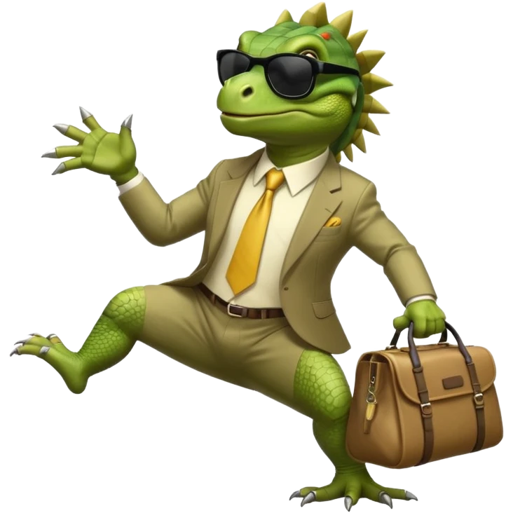 capitalist iguana banker godfather with black sunglasses breakdance with bag emoji