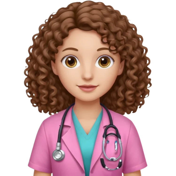 médica, cabelo castanho, pele branca, cabelo cacheado/ondulado, cabelo comprido, roupa rosa emoji
