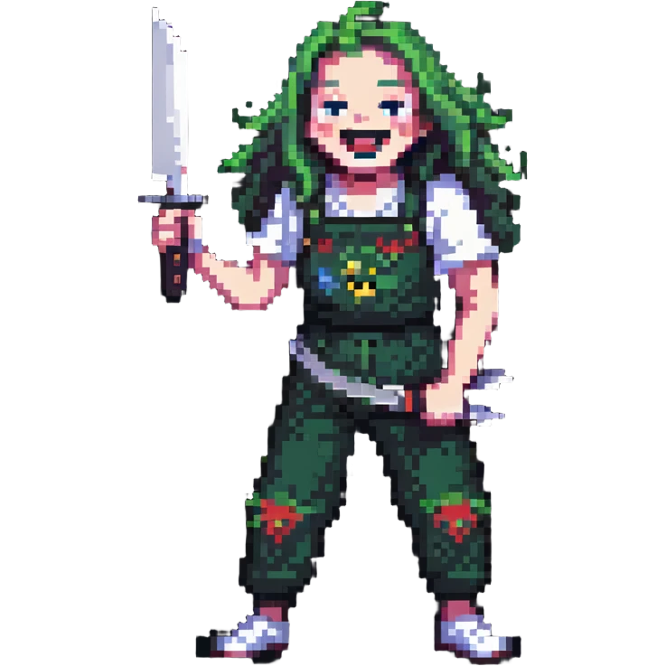 pixelated savage person in 1988 fashion with neon colors, holding knife, wicked laugh emoji