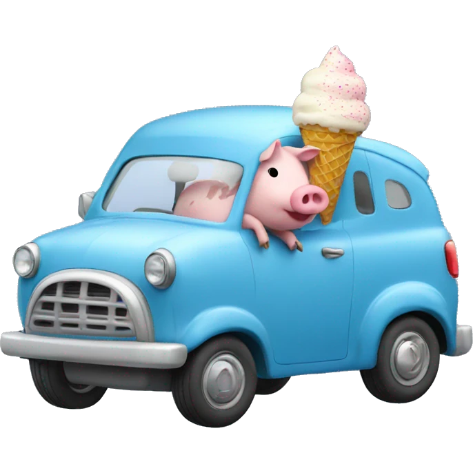 pig in blue car with ice cream emoji