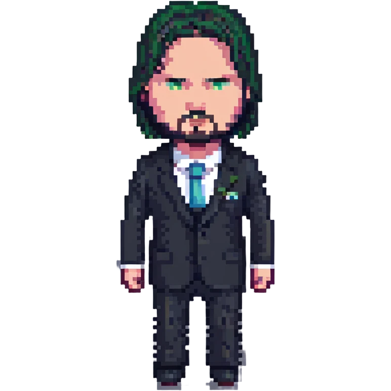 John Wick, action hero, dark suit, intense expression, pixel art style emoji